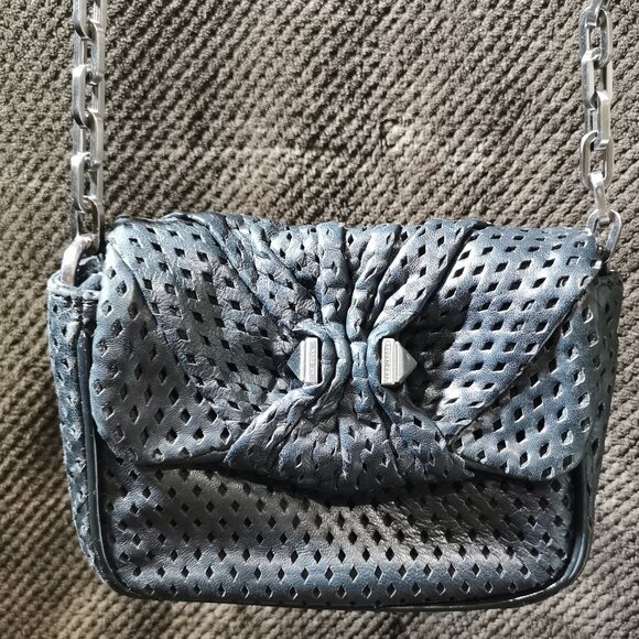 Black/Silver Perforated Lamb Leather Crossbody EUC #238 - Picture 1 of 11